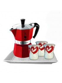 Набор из гейзерной кофеварки Bialetti MOKA красного цвета на 3 порции, 3 чашки и поднос, Арт. 4970/MR